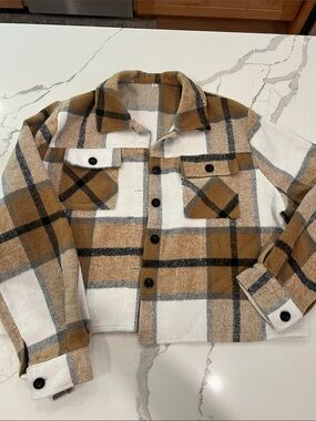 Kids Plaid Shacket Jacket in Camel & White